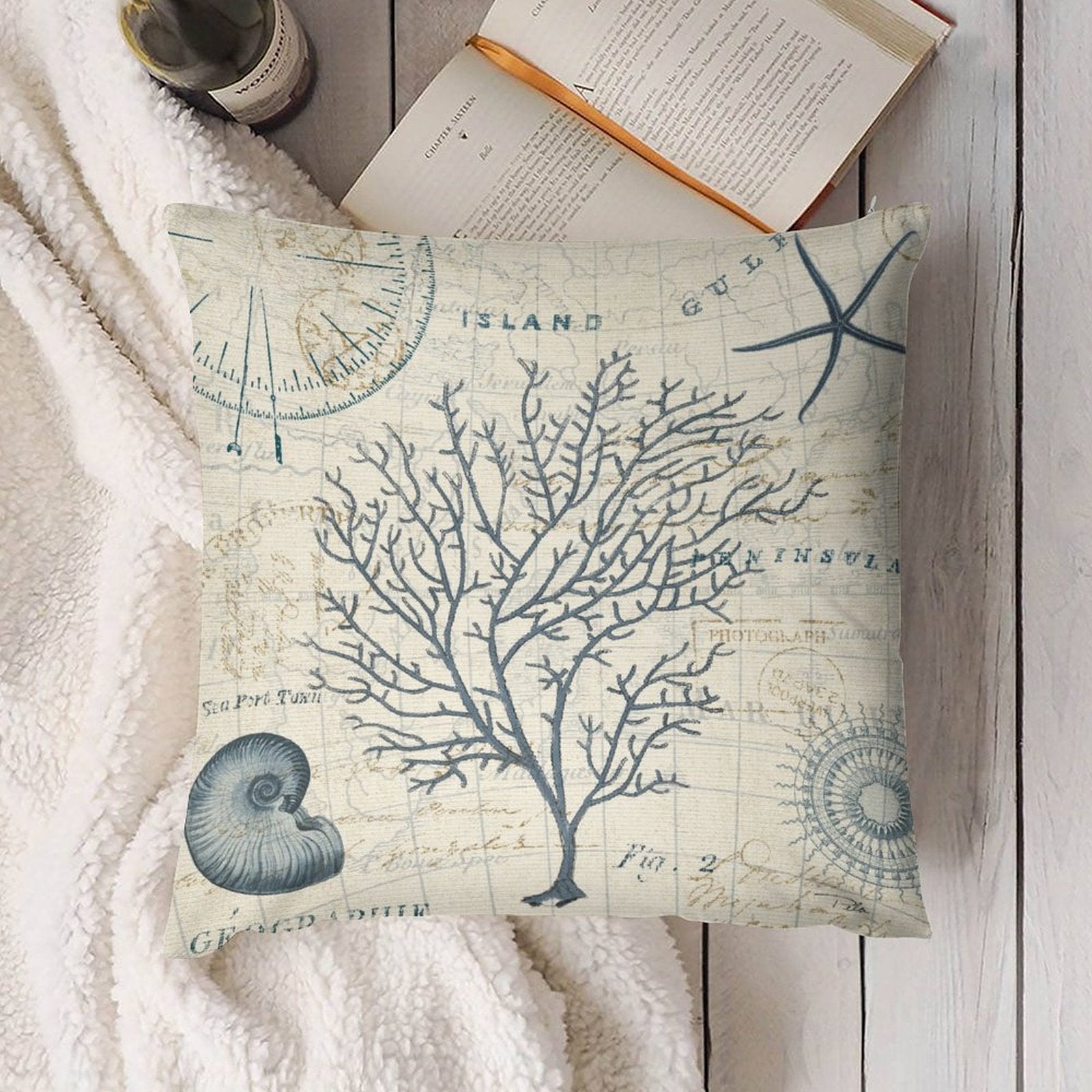 Soft plush throw pillow cover with vintage map, coral design, for living room, home decor.