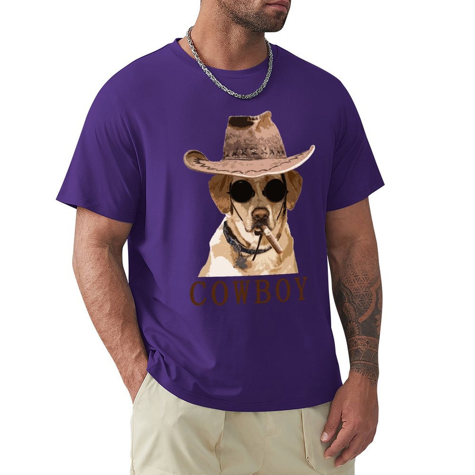 Men's purple crew neck t-shirt featuring a cowboy dog graphic; classic tee for men, comfortable and breathable cotton