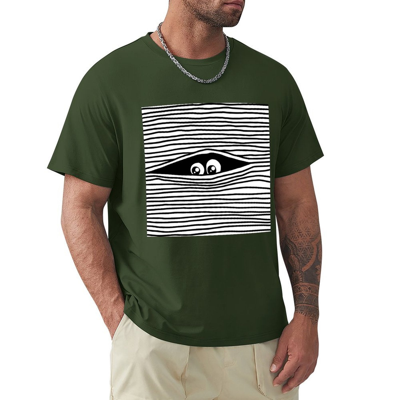 Green men's crew neck t-shirt with eye graphic. Classic tee design by MyArtsyGift