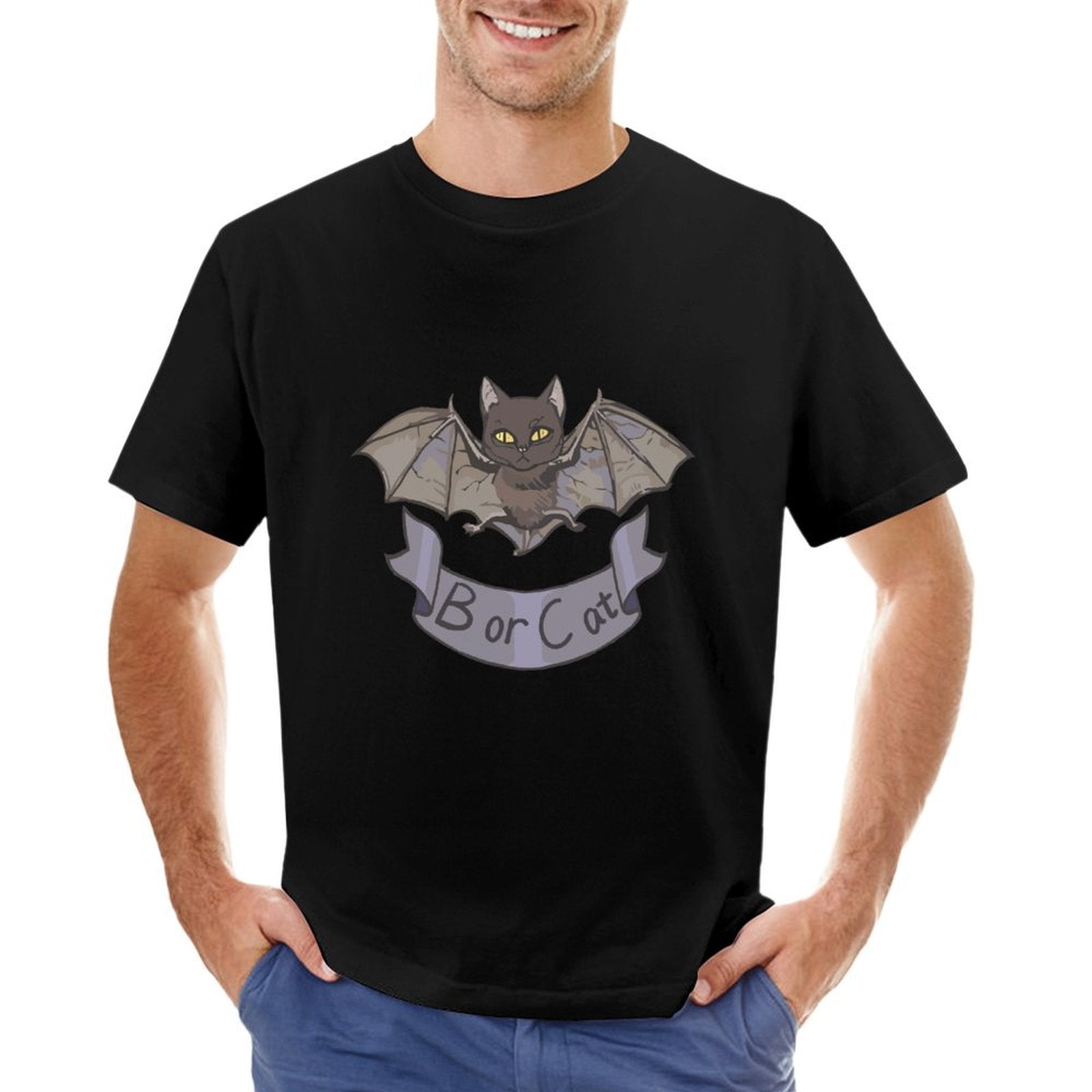 Men's black crew neck t-shirt with 'Bor Cat' bat-cat design, MyArtsyGift apparel.