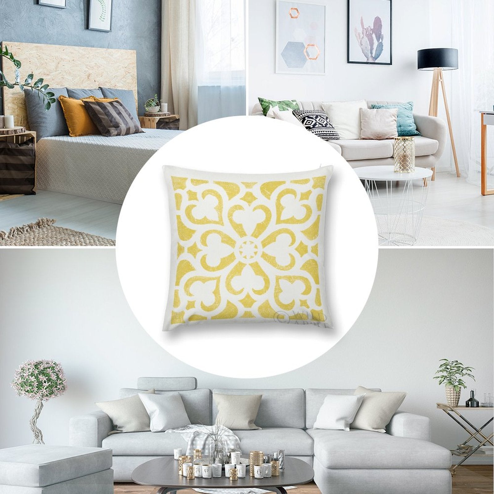 Yellow floral plush throw pillow cover for sofa and living room decor, soft and comfortable. MyArtsyGift.com