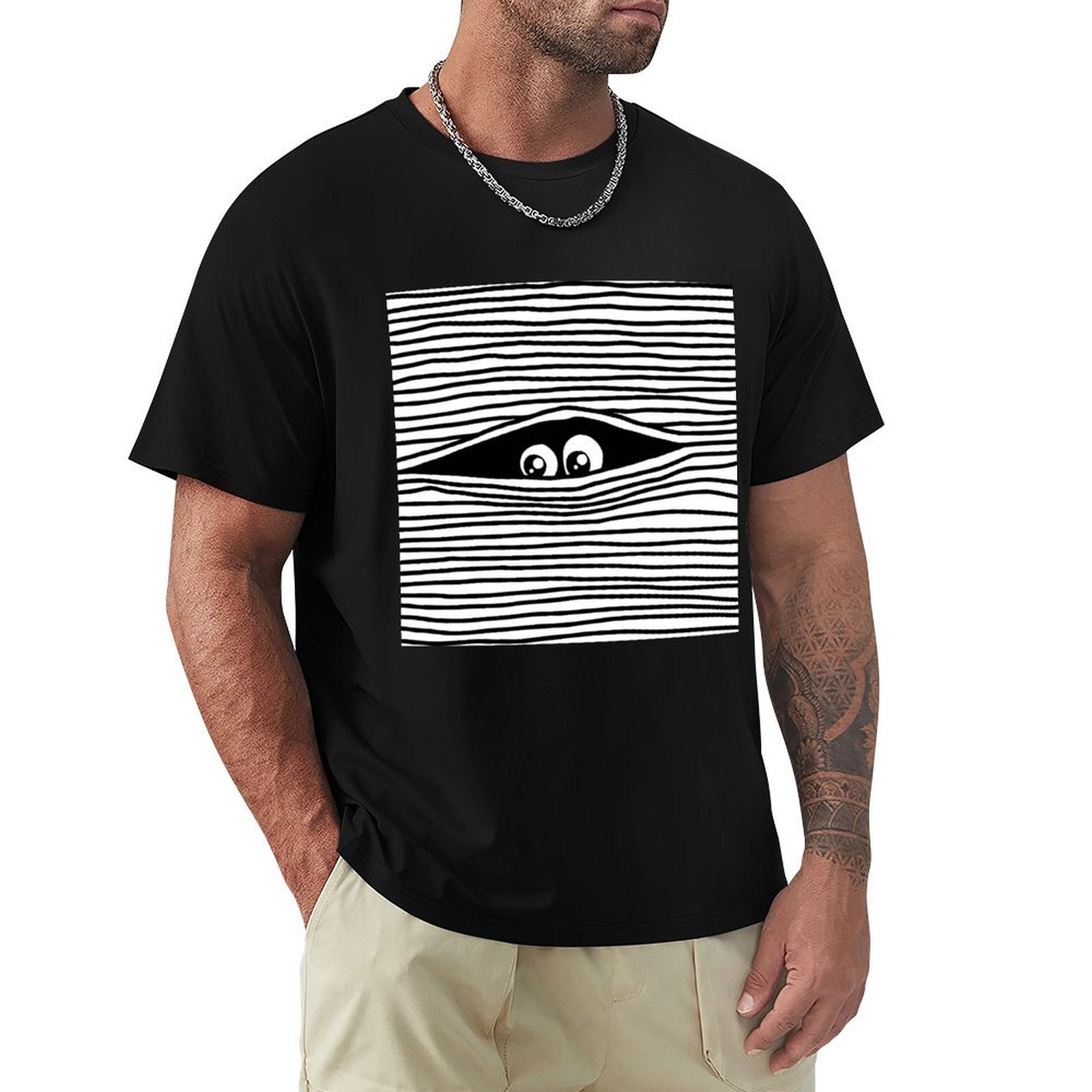 Men's black crew neck t-shirt with unique eye graphic, classic tee, perfect for personalized gifts.