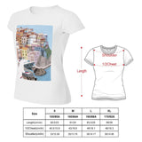White crewneck t-shirt with Italian town graphic, size chart detail. Ideal for casual wear and expressing individuality.