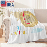 Cute lion baby blanket with "BE CURIOUS" text, USA made. Soft, lightweight and perfect for kids.