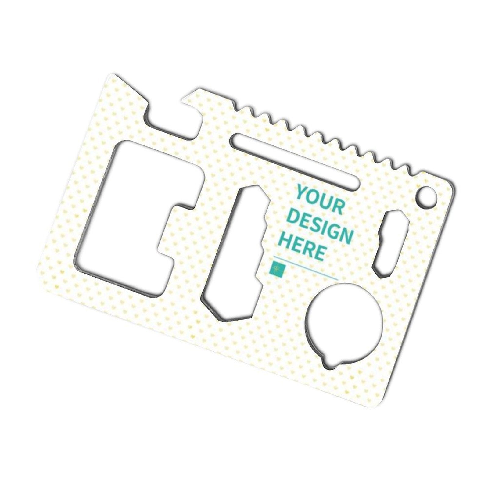 Personalized credit card multitool for men, with bottle opener and wrench functionality, custom design area