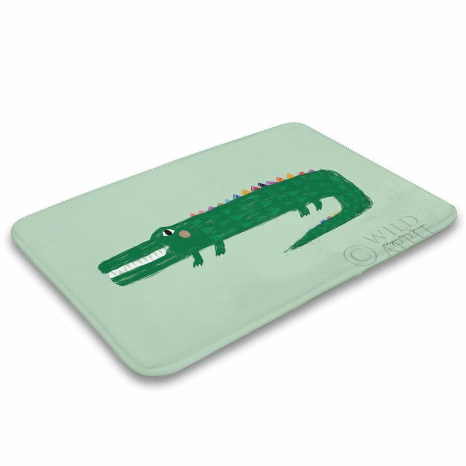 Green crocodile bath rug, non-slip floor carpet for bathroom or kitchen, cartoon style