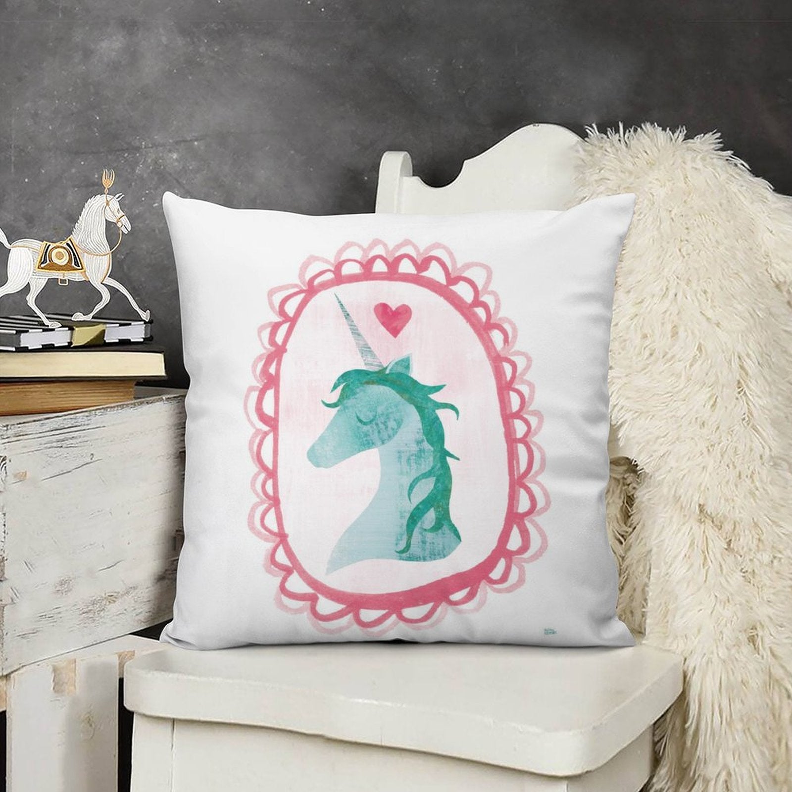 Soft plush unicorn pillow cover for sofa, couch, living room, with watercolor design.