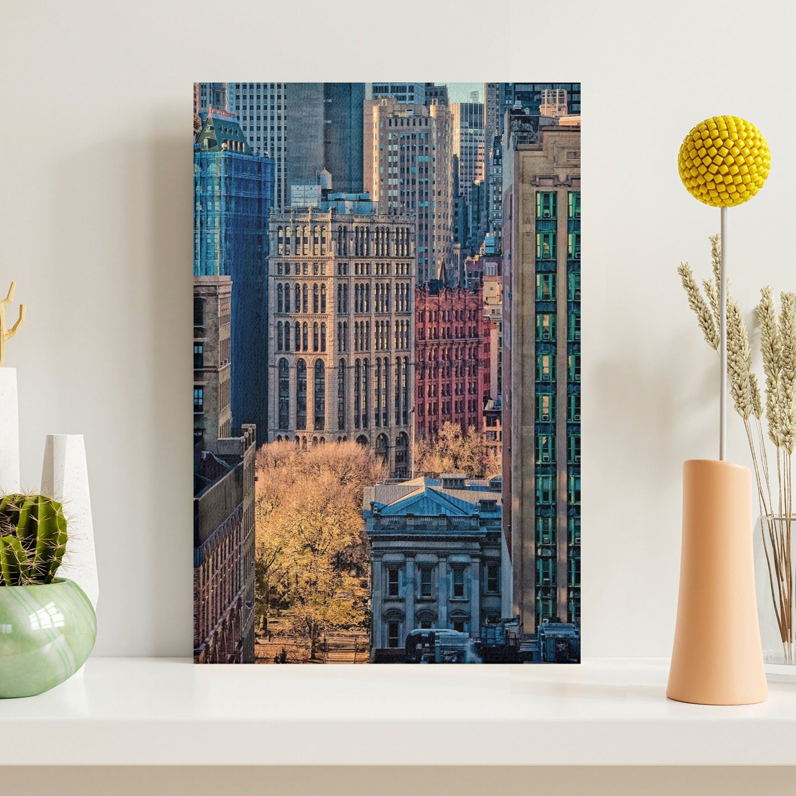 NYC cityscape canvas print, modern wall art for living room decor. Buildings in various colors
