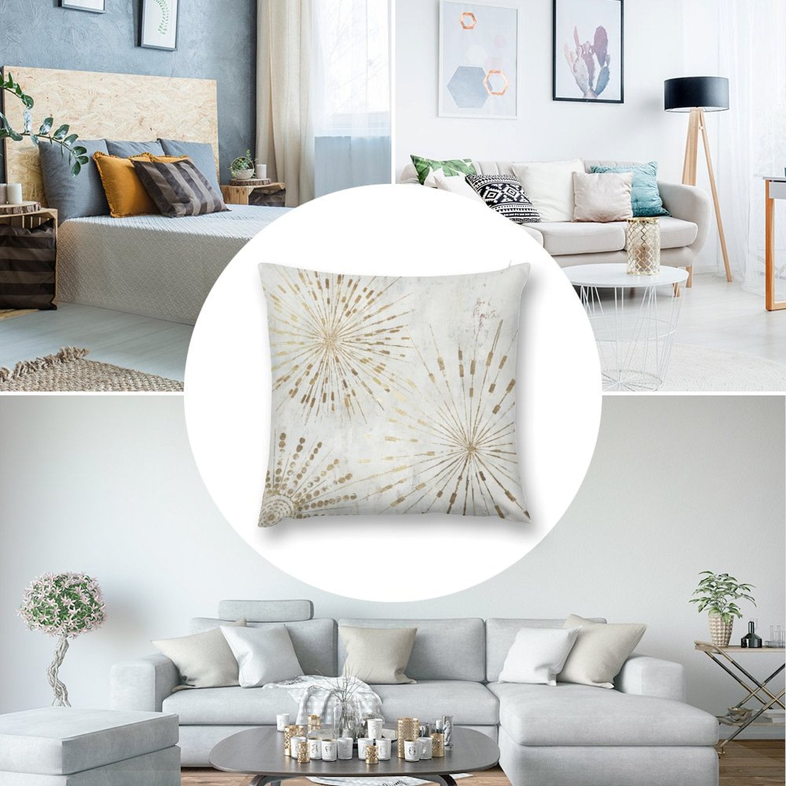 Luxury soft plush pillow cover with gold burst design, perfect for sofa, couch, living room decor