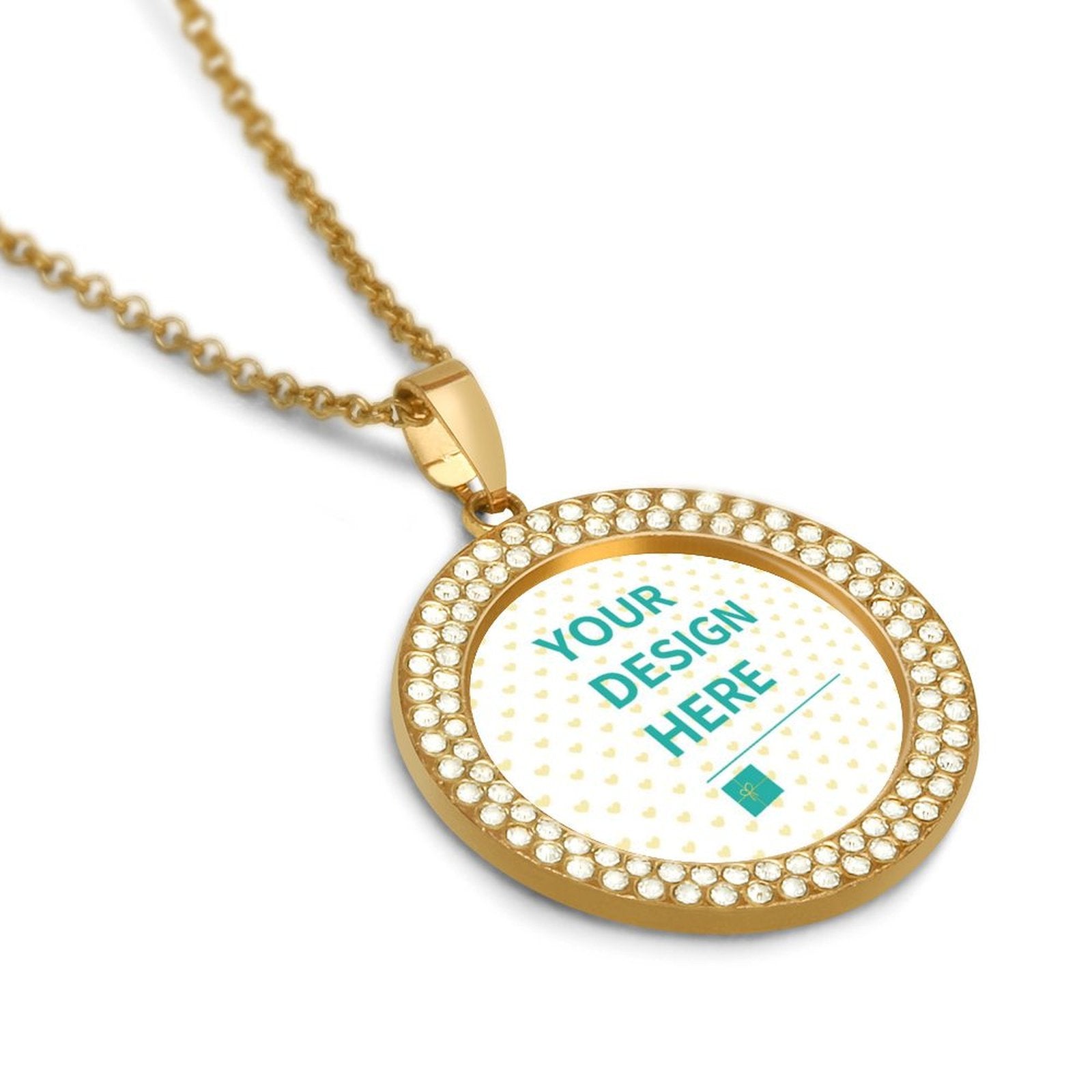 Personalized gold photo necklace with custom design options. Features crystal accents and a detailed chain.