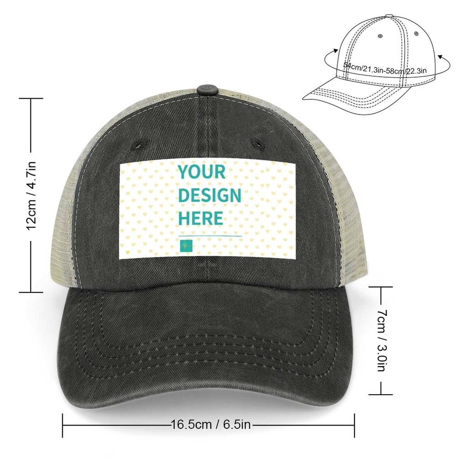 Customizable cotton baseball cap with 'YOUR DESIGN HERE' text, perfect for personalized hats and gifts.
