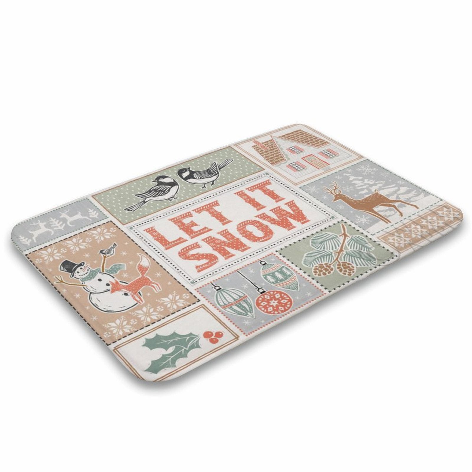 Coral velvet bath rug with "LET IT SNOW" design and winter pattern, non-slip, for bathroom & kitchen decor.