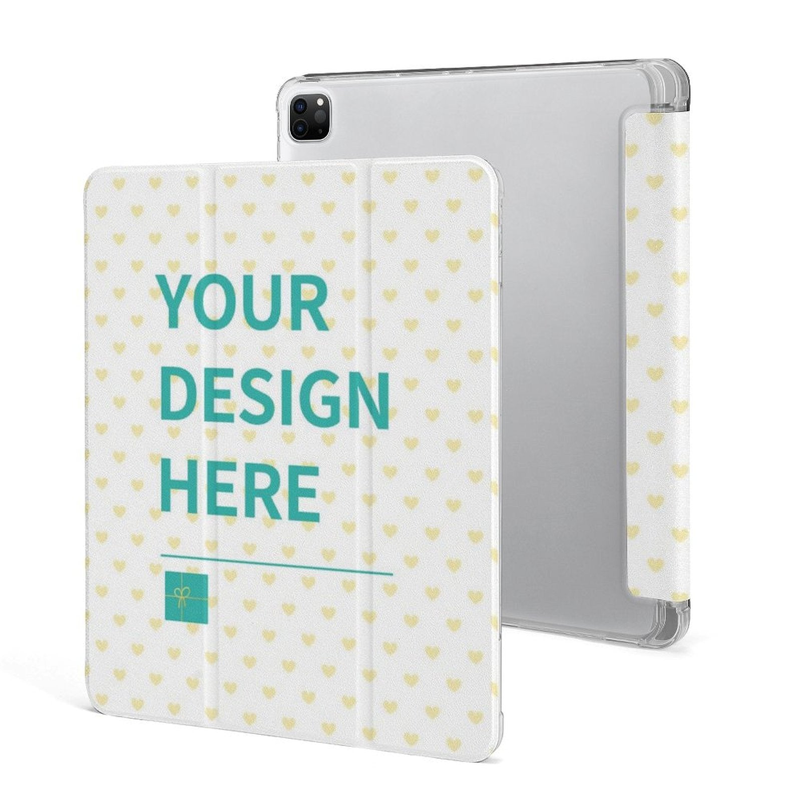 Custom iPad Pro 2021 case with heart pattern, 'YOUR DESIGN HERE', protective cover with pen slot