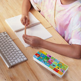 Colorful ABC pencil box with animal illustrations and pencil in hand. Perfect for kids' school and office use