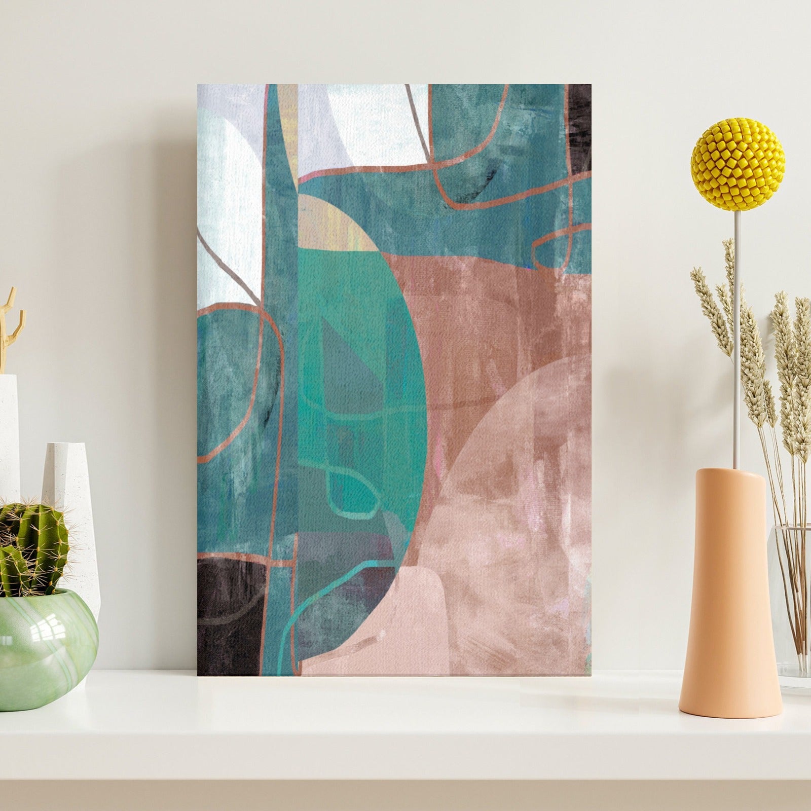 Teal and brown abstract wall art canvas for living room decor. Modern minimalist geometric painting.