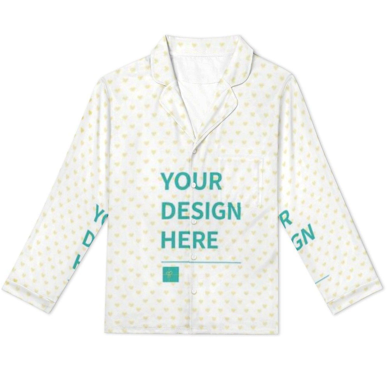 Custom men's button-down pajama top in cotton-like fabric, with 'YOUR DESIGN HERE' print, perfect custom gift.