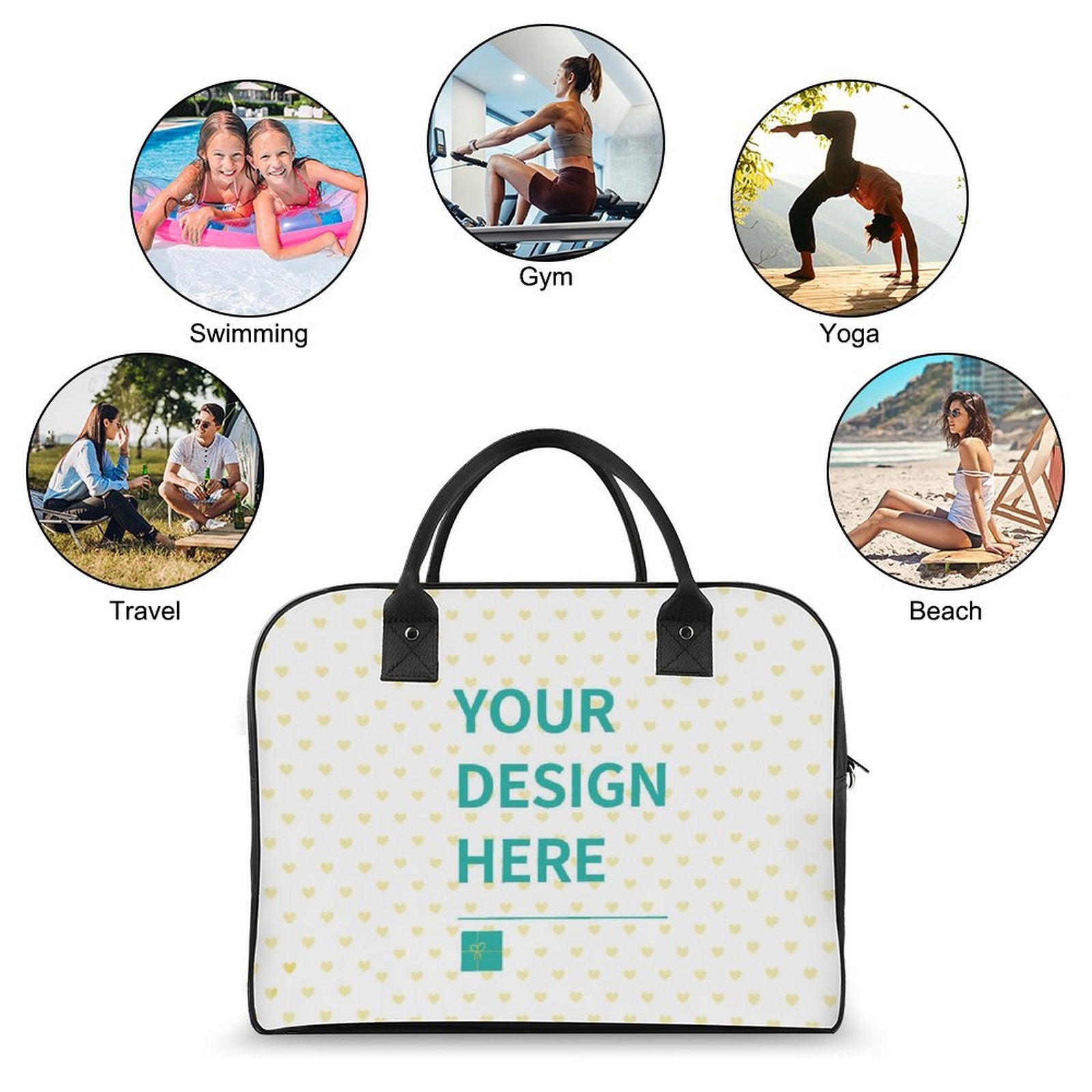 Customizable travel bag for travel and office with your design. Durable nylon material and heart pattern.