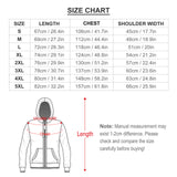 Custom hoodie size chart: Length, chest, shoulder measurements for men's personalized sweatshirt, sizes S-5XL.