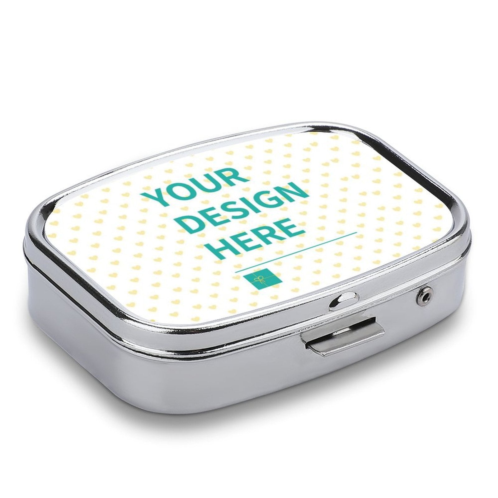 Customizable square pill box with 'YOUR DESIGN HERE' design, metal travel medicine container.