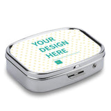 Customizable square pill box with 'YOUR DESIGN HERE' design, metal travel medicine container.