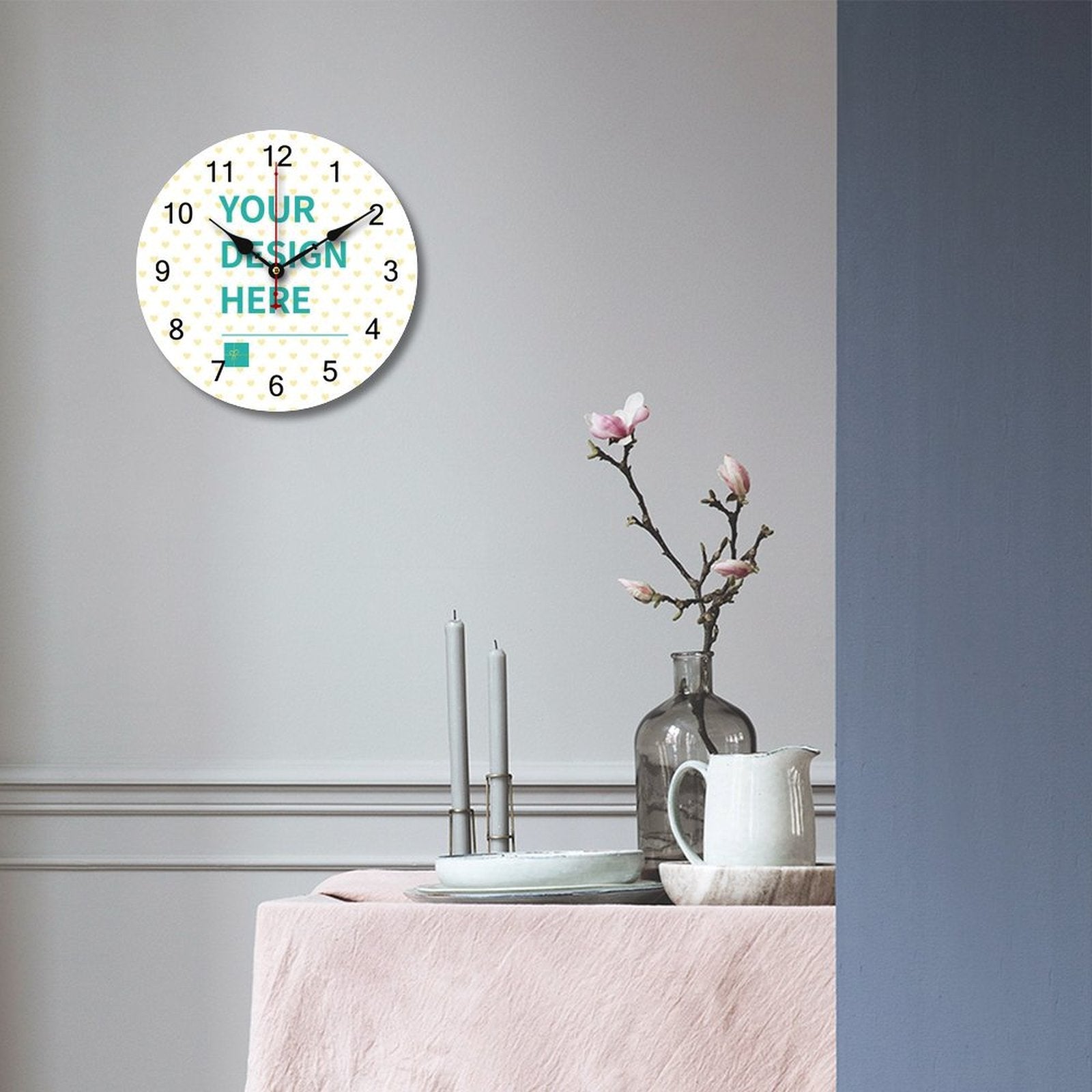 Personalized PVC round silent wall clock with custom design and text 'YOUR DESIGN HERE', creative gift idea for home decor.