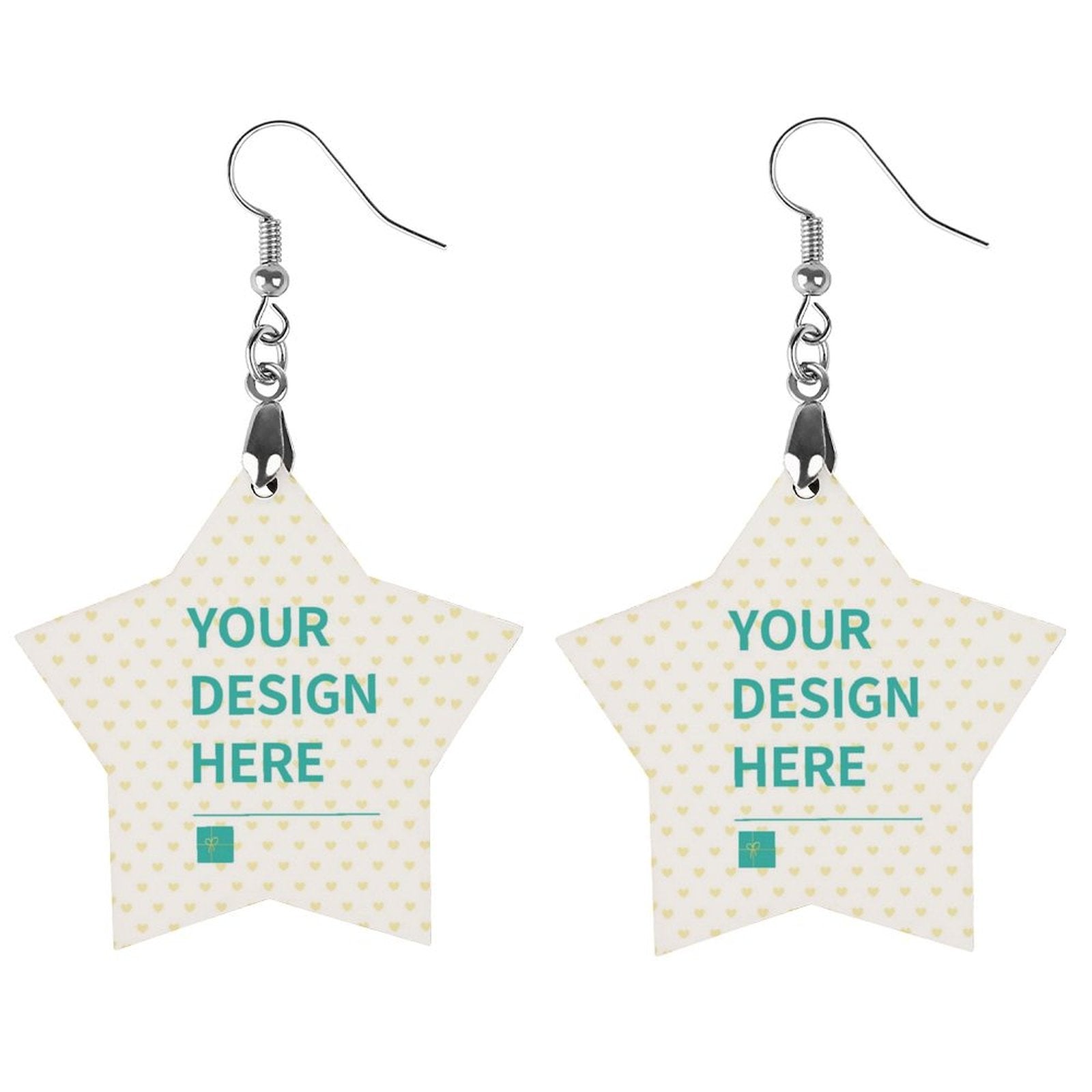 Personalized wooden star drop earrings with 'YOUR DESIGN HERE' text, MyArtsyGift product