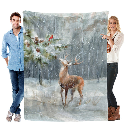 Winter Snow Forest Deer Flannel Blanket, Made In USA, featuring a deer and cardinal in snowy forest scene, perfect gift.