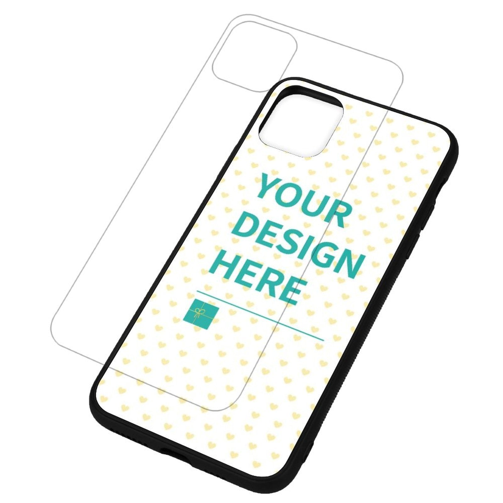 Customizable iPhone 11 Pro Max case with 'Your Design Here' text, black border, soft TPU and glass cover