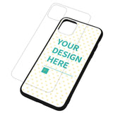 Customizable iPhone 11 Pro Max case with 'Your Design Here' text, black border, soft TPU and glass cover