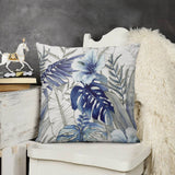 Blue floral pillow cover for sofa, soft plush, and decorative. Perfect for living room decor, features tropical leaves.