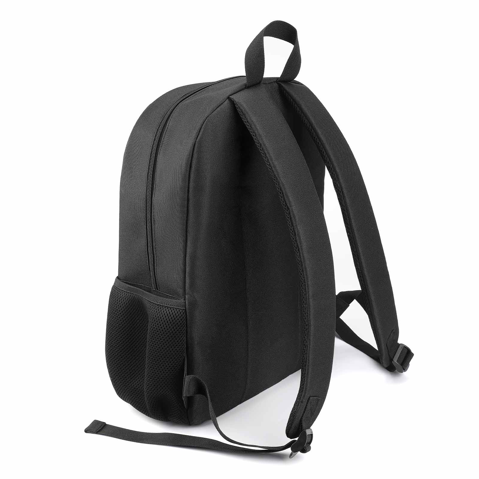 Black Oxford cloth kids' backpack with side pockets, ideal for school, travel, or camping adventures.