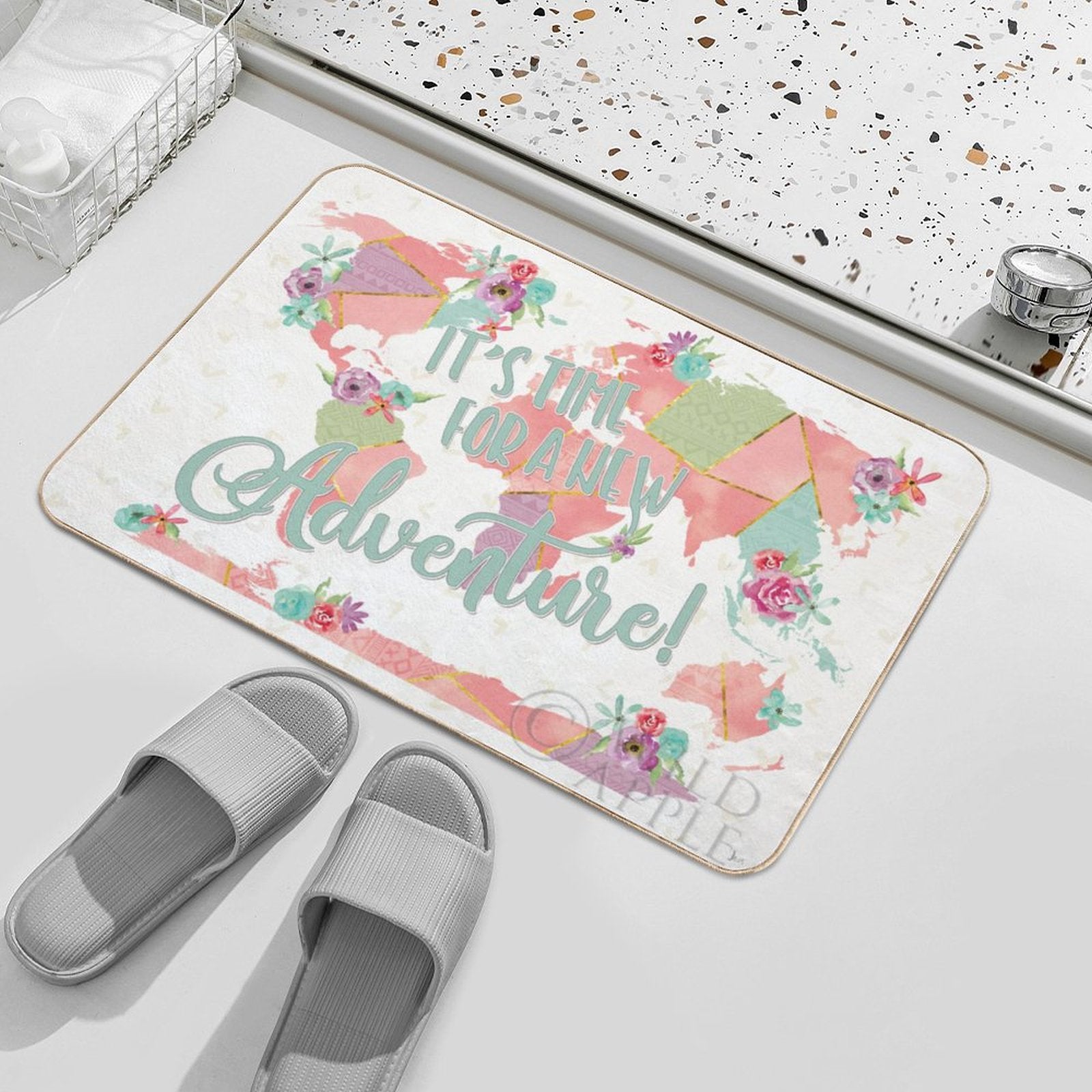 Floral world map floor mat with 'It's Time For A New Adventure' text, non-slip, washable bathroom rug