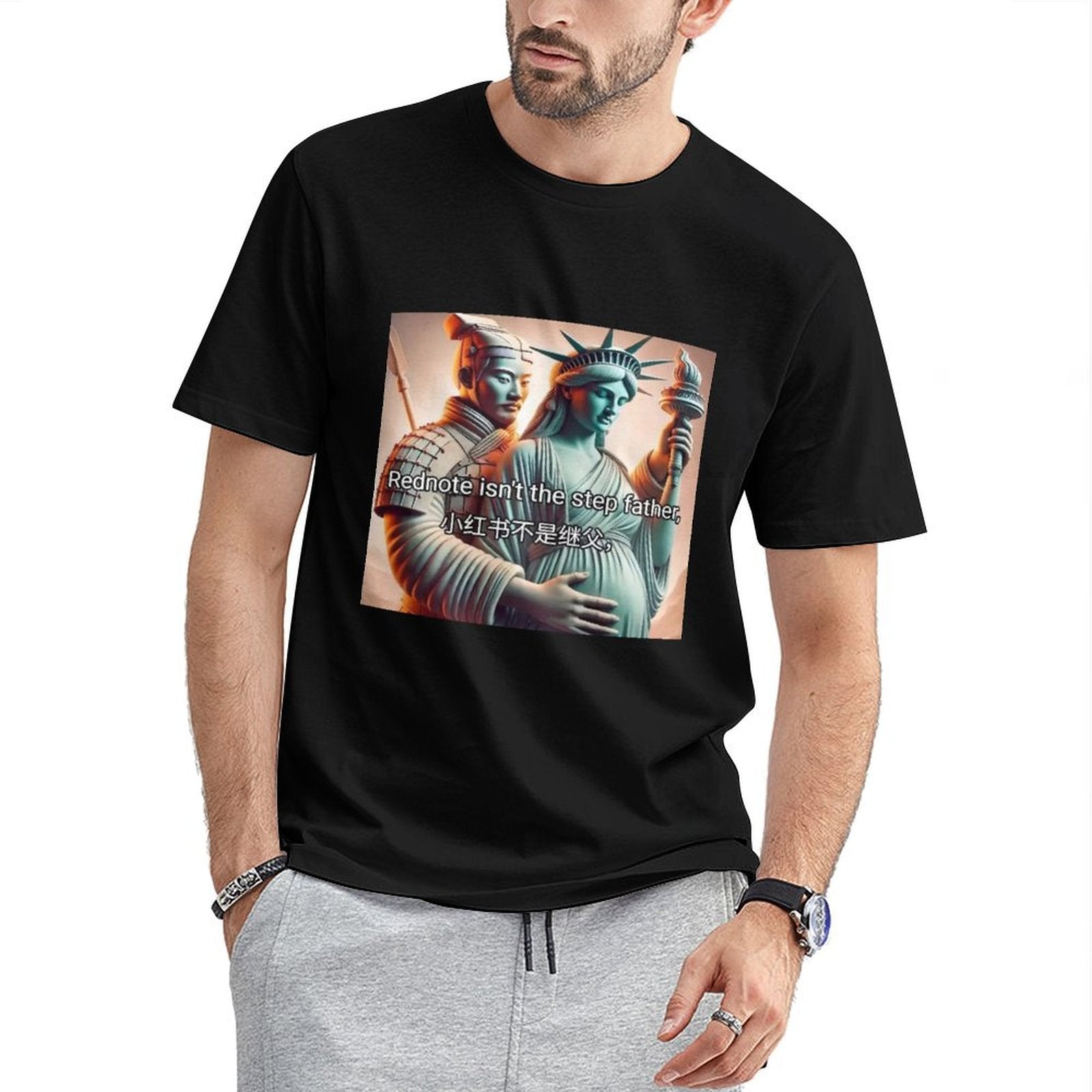 Black cotton unisex T-shirt with Rednote meme featuring Statue of Liberty and Chinese soldier.