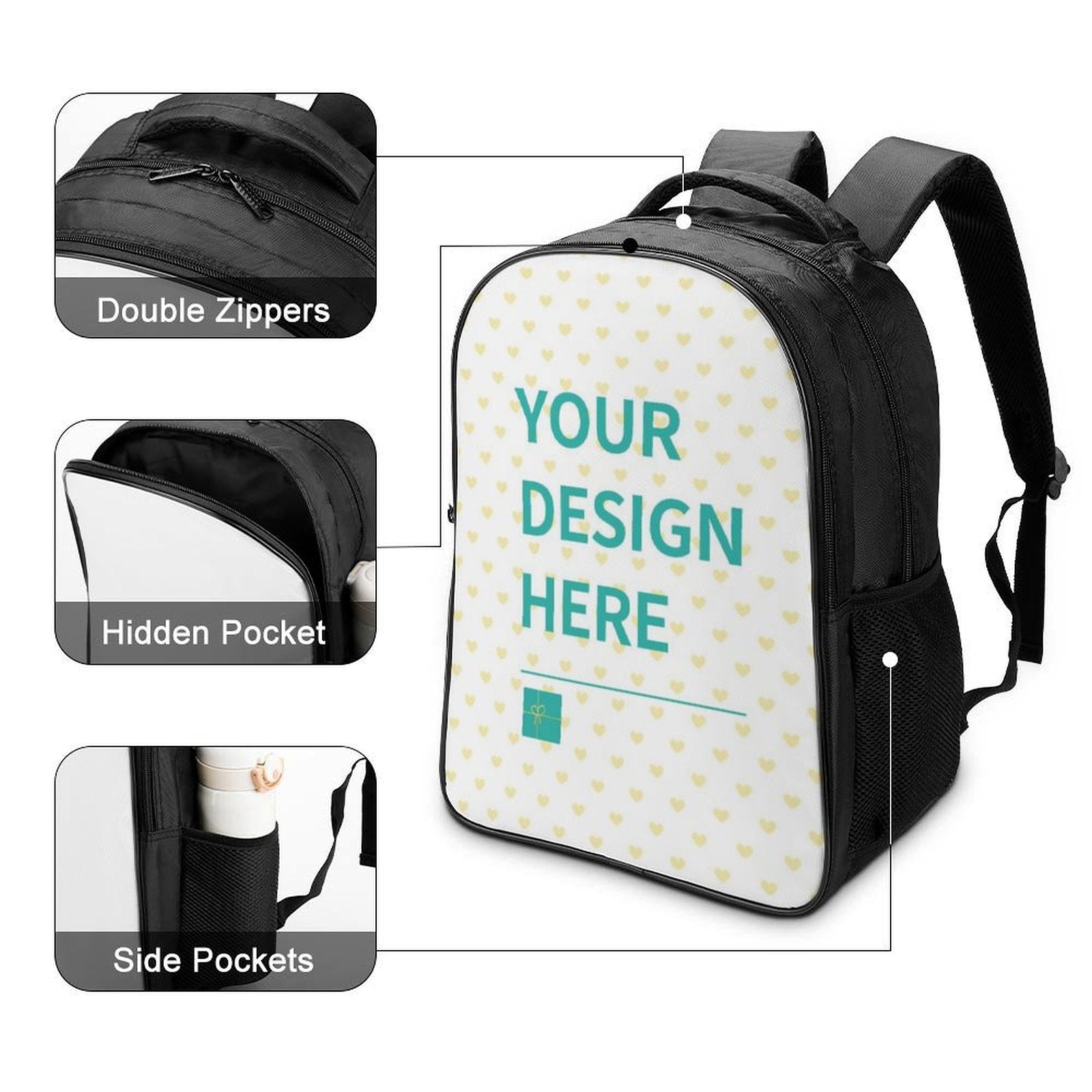 Customizable laptop backpack with "YOUR DESIGN HERE" print, black Gezi Nylon, double zippers, hidden and side pockets.