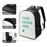 Customizable laptop backpack with "YOUR DESIGN HERE" print, black Gezi Nylon, double zippers, hidden and side pockets.