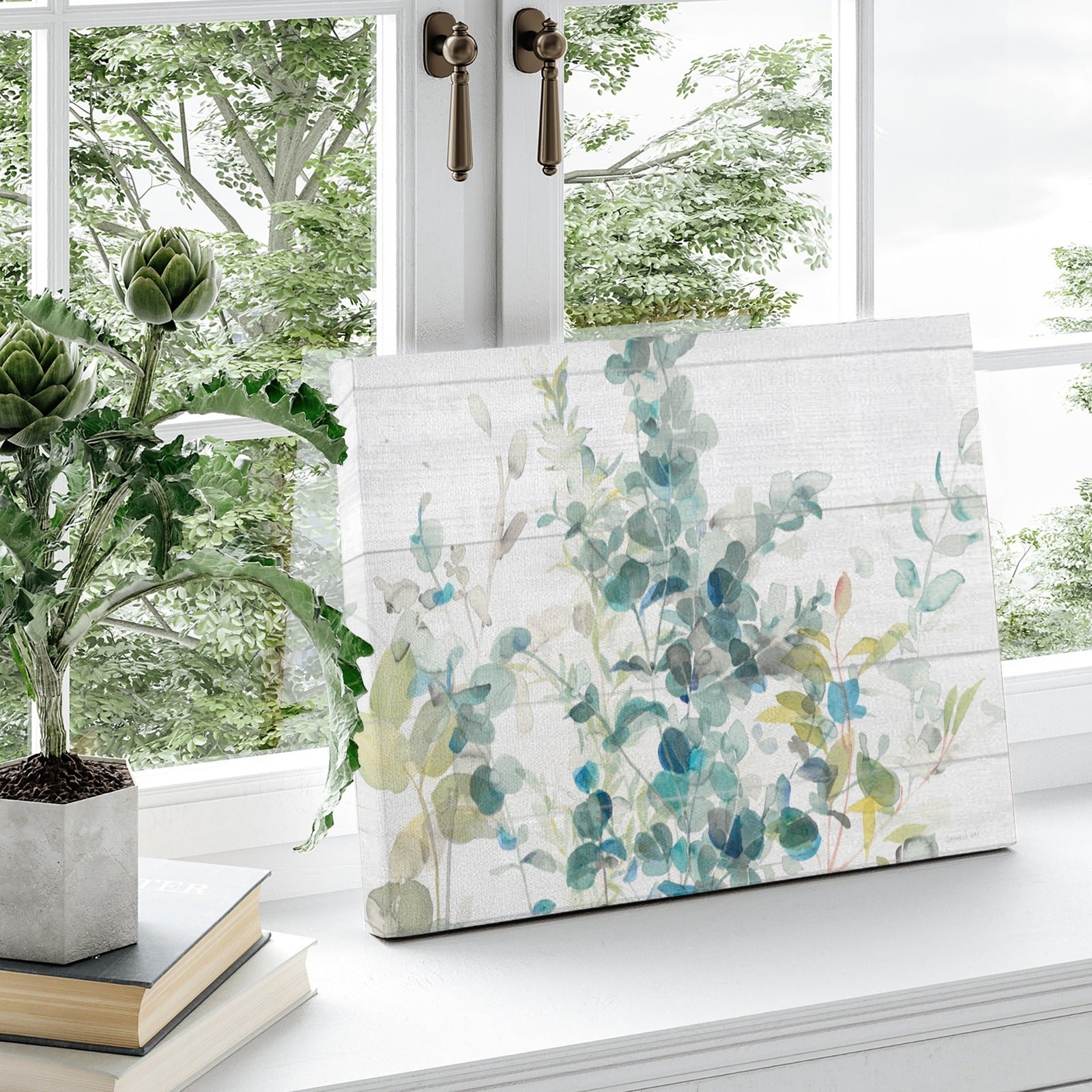 Eucalyptus I on Shiplap Canvas Print, Watercolor Eucalyptus Art for Home Decor