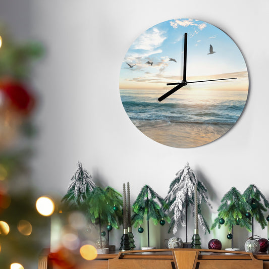 Modern Blue Beach MDF Wall Clock with Seagulls, Living Room Decor