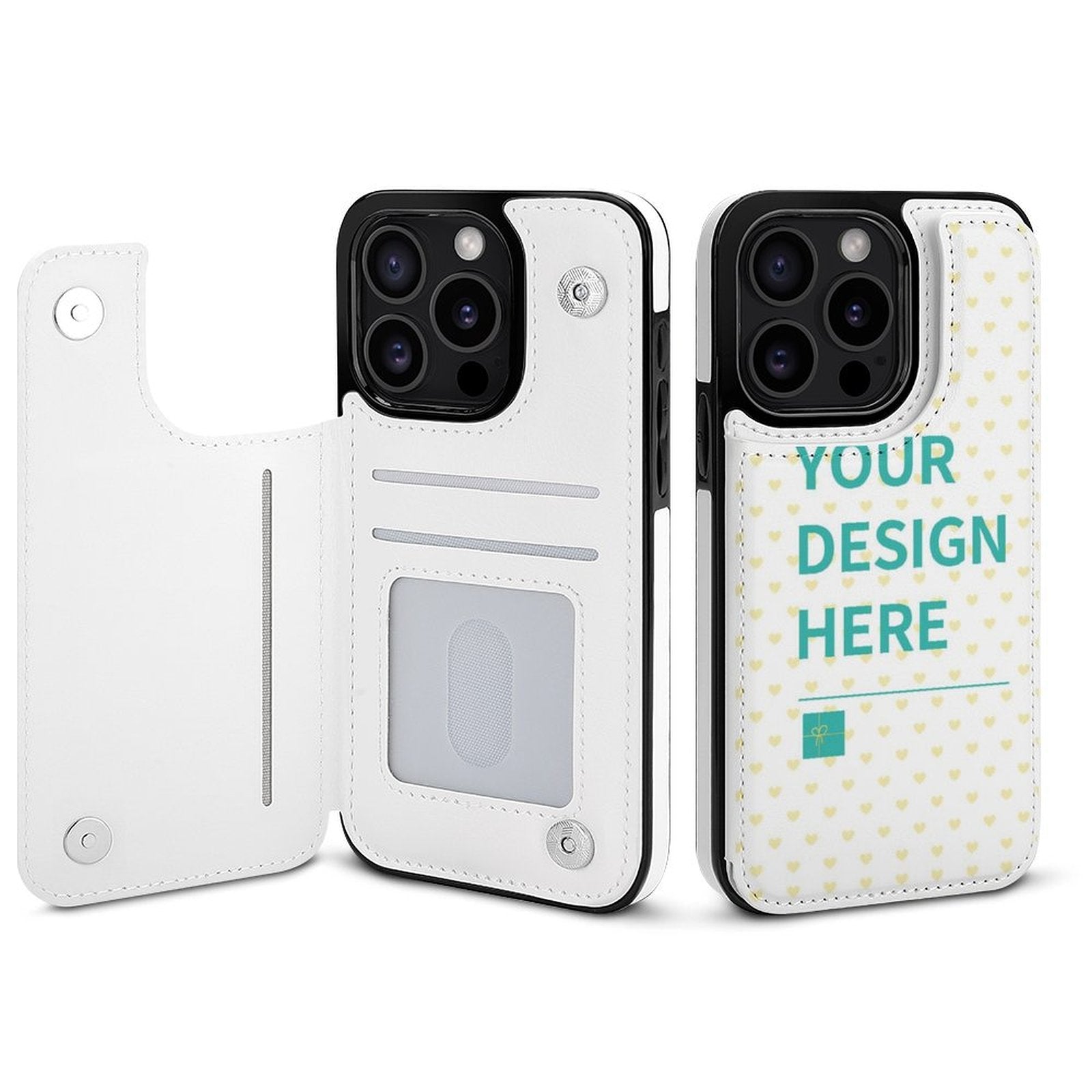 White PU leather iPhone 15 wallet case with "YOUR DESIGN HERE" text and card slots, MyArtsyGift