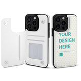 White PU leather iPhone 15 wallet case with "YOUR DESIGN HERE" text and card slots, MyArtsyGift