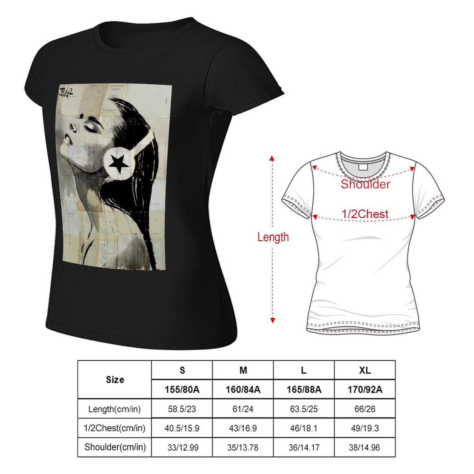 Black Women's graphic t-shirt with art print of woman and headphones, size chart