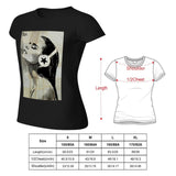 Black Women's graphic t-shirt with art print of woman and headphones, size chart