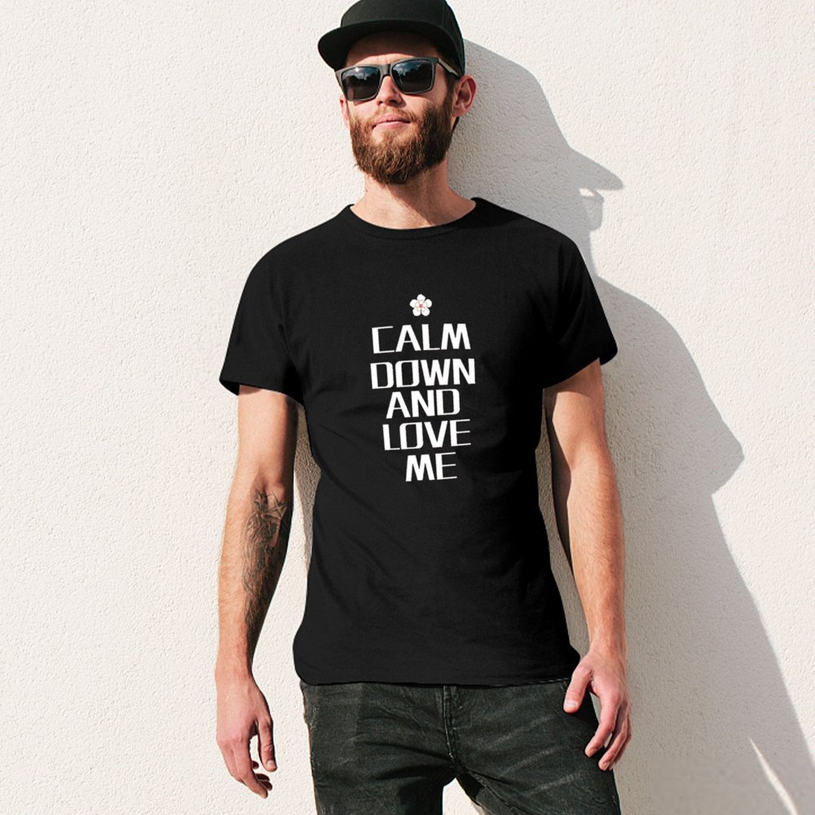 Men's black t-shirt with 'Calm Down and Love Me' text. Crew neck cotton tee, MyArtsyGift.