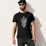 Men's black t-shirt with 'Calm Down and Love Me' text. Crew neck cotton tee, MyArtsyGift.