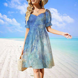 Blue watercolor summer mini dress for women from MyArtsyGift, featuring short sleeves and a flattering fit.
