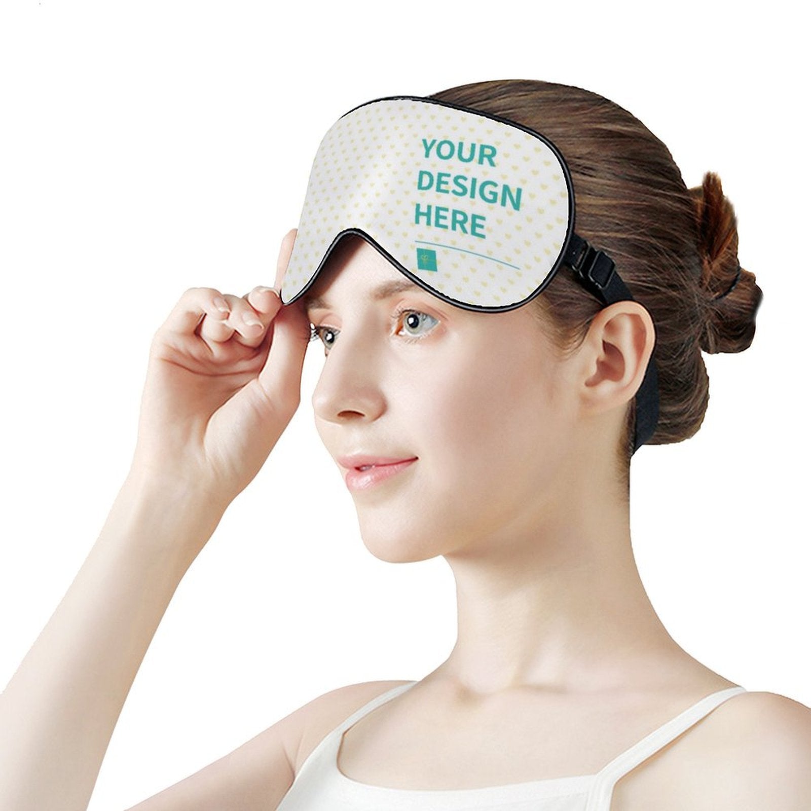 Customizable sleep mask with "YOUR DESIGN HERE" text, polyester material, for men and women, promoting better sleep.