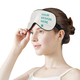 Customizable sleep mask with "YOUR DESIGN HERE" text, polyester material, for men and women, promoting better sleep.