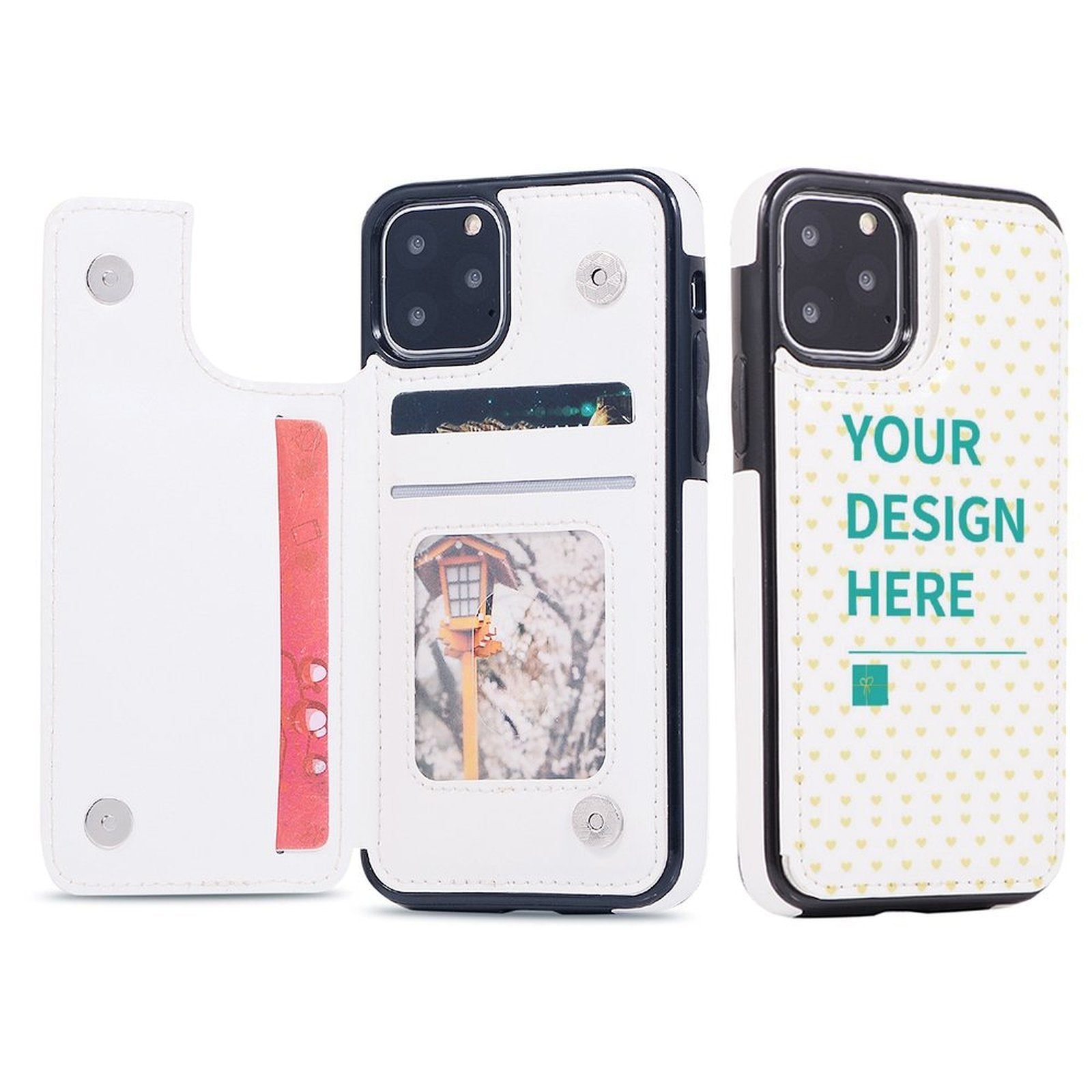 White iPhone 11 Pro flip case with 'Your Design Here' text and card slot