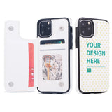 White iPhone 11 Pro flip case with 'Your Design Here' text and card slot