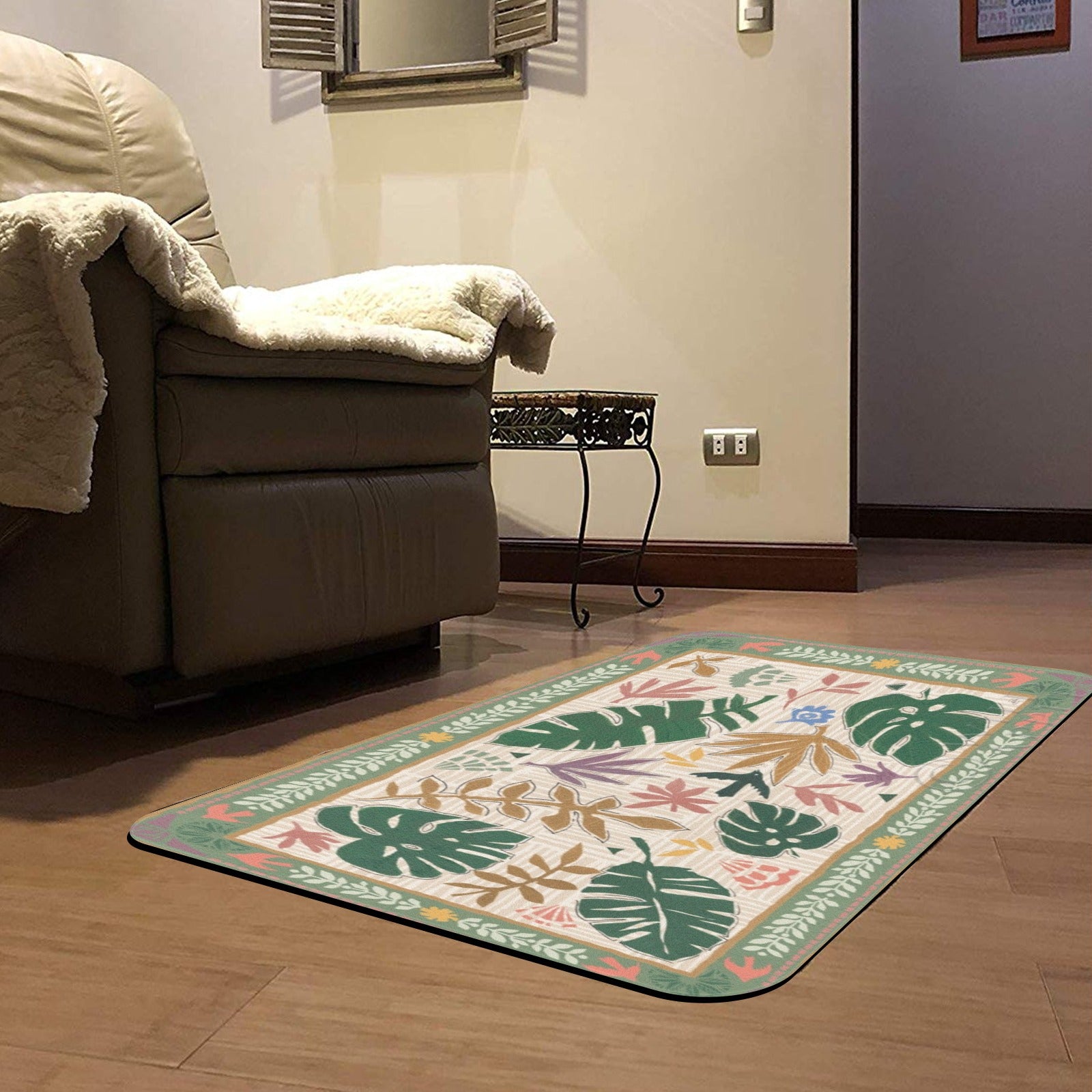 Desert color entrance door mat with tropical leaf design, ideal for indoor/outdoor use, adding a welcoming touch.
