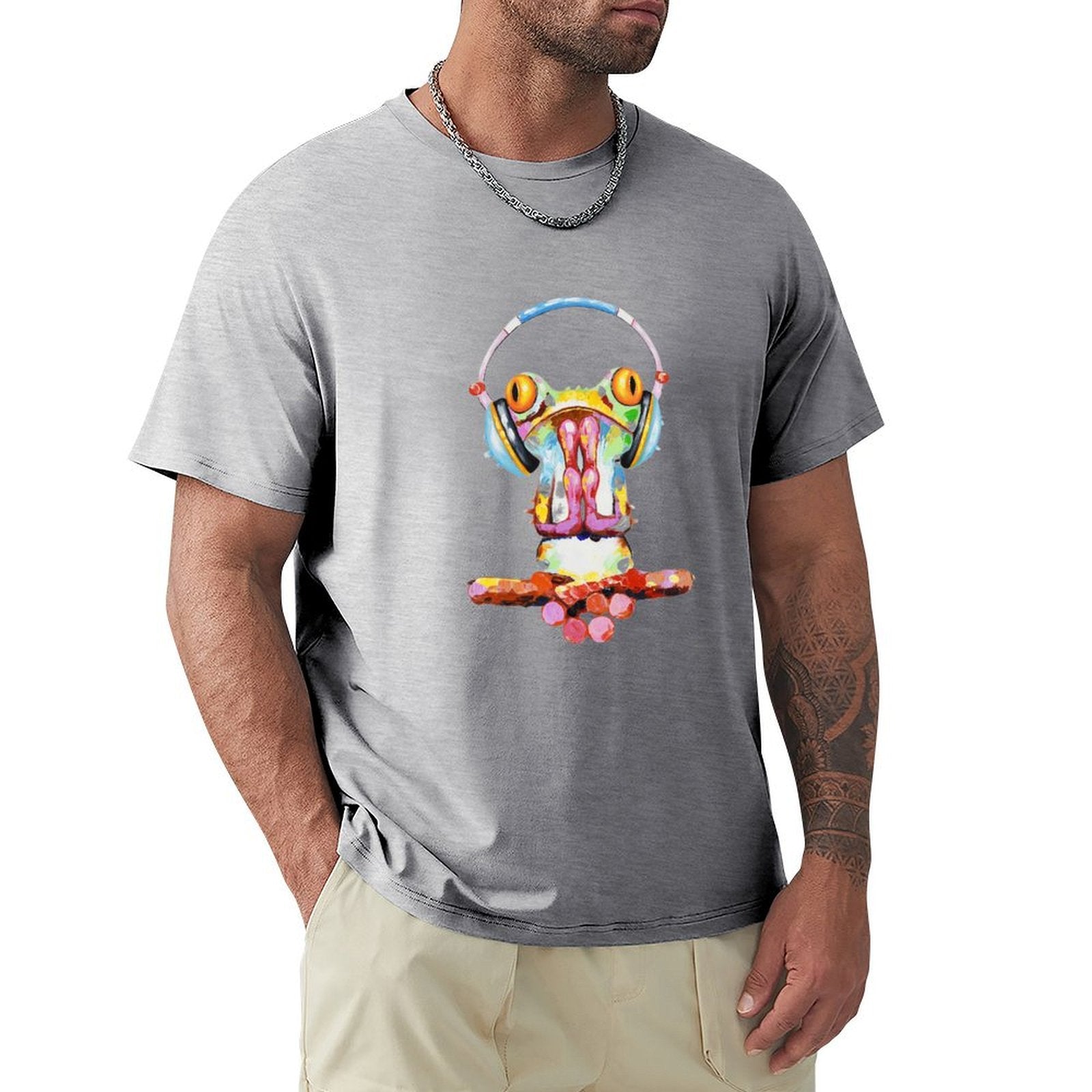 Men's gray short sleeve t-shirt with frog art and headphones, MyArtsyGift classic tee